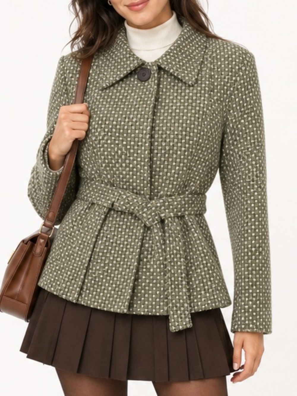 Essentials by Milano Green Tweed Belted Blazer Jacket Houndstooth Medium